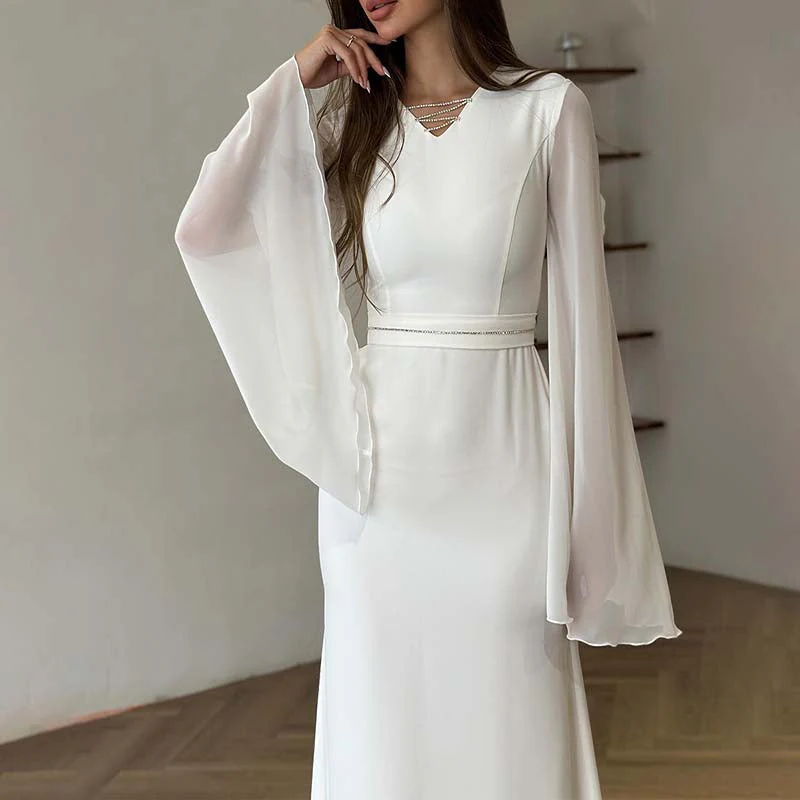 Elegant white dress for women with bell sleeves - Image 4