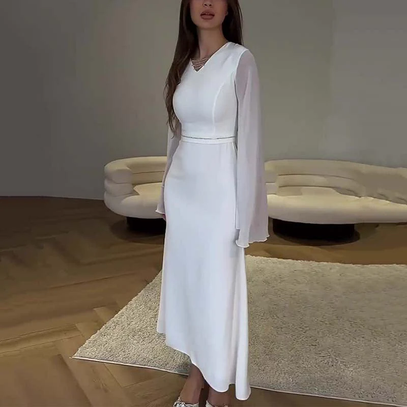 Elegant white dress for women with bell sleeves - Image 7