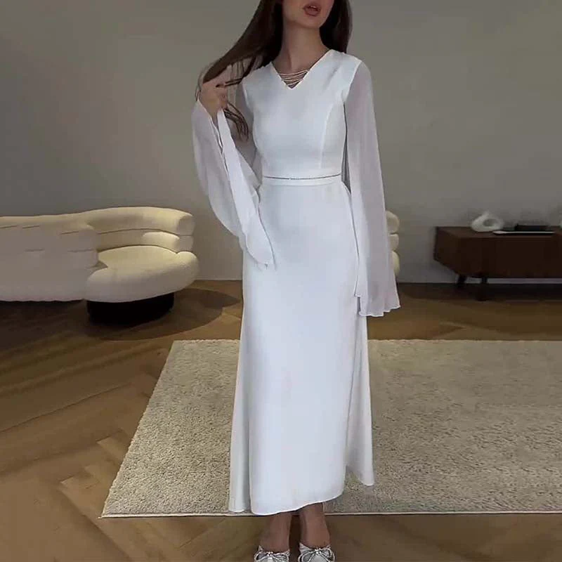 Elegant white dress for women with bell sleeves - Image 8