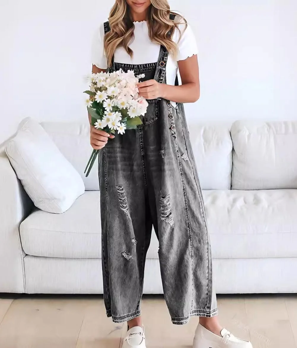 💖LAST DAY SALE 50% OFF💖Women's Cute Casual Button Jumpsuit Ripped Denim Overalls - Image 9