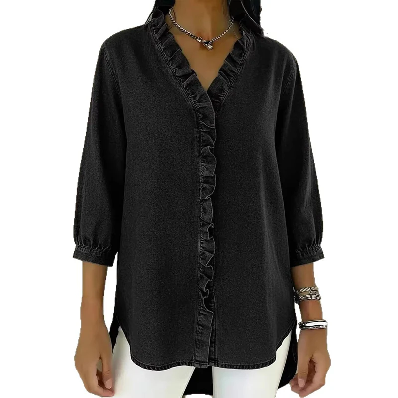 Women's Casual Ruffle V-Neck Shirt | Soft, Breathable & Flattering High-Low Hem ✨ - Image 11