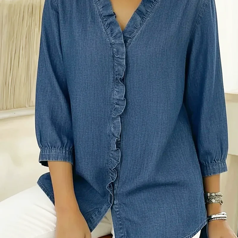 Women's Casual Ruffle V-Neck Shirt | Soft, Breathable & Flattering High-Low Hem ✨ - Image 7