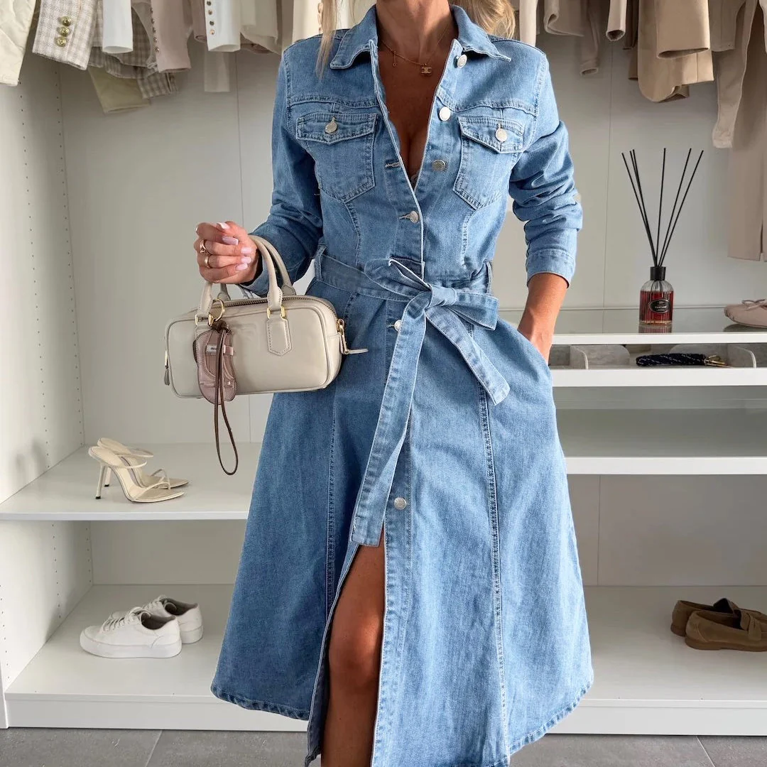 Women's Button Down Long Sleeve Denim Dress - Image 3