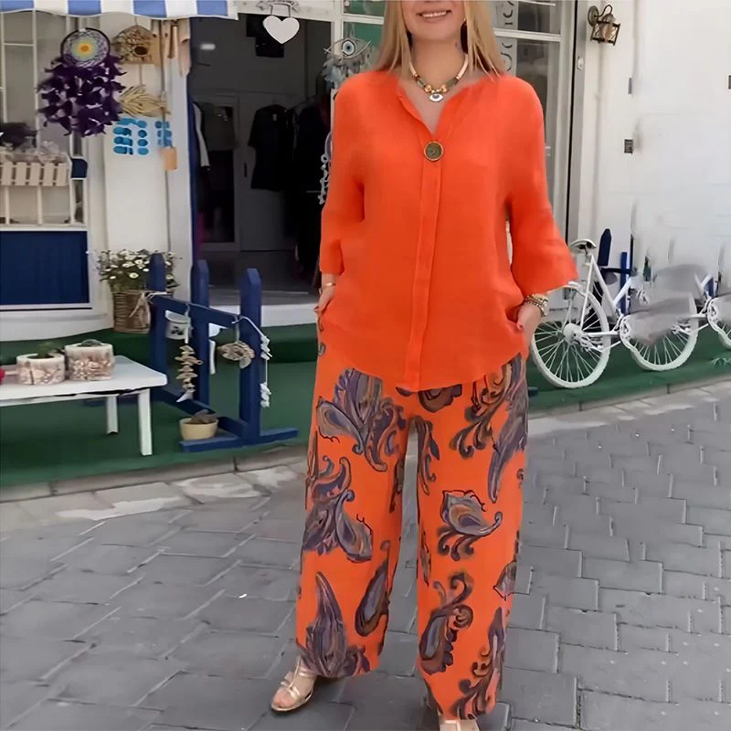 Women’s Casual Printed Long-sleeve Blouse and Wide-leg Pants 2-piece Set - Image 2
