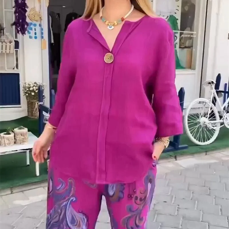 Women’s Casual Printed Long-sleeve Blouse and Wide-leg Pants 2-piece Set - Image 3