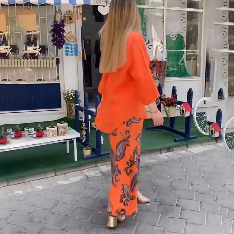 Women’s Casual Printed Long-sleeve Blouse and Wide-leg Pants 2-piece Set - Image 5