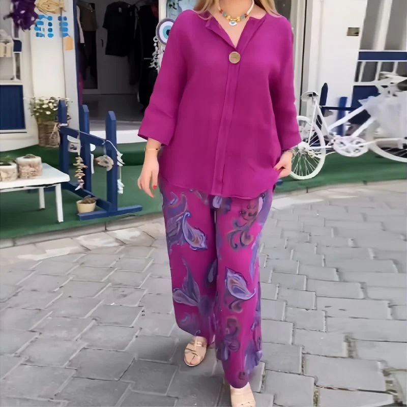 Women’s Casual Printed Long-sleeve Blouse and Wide-leg Pants 2-piece Set - Image 8