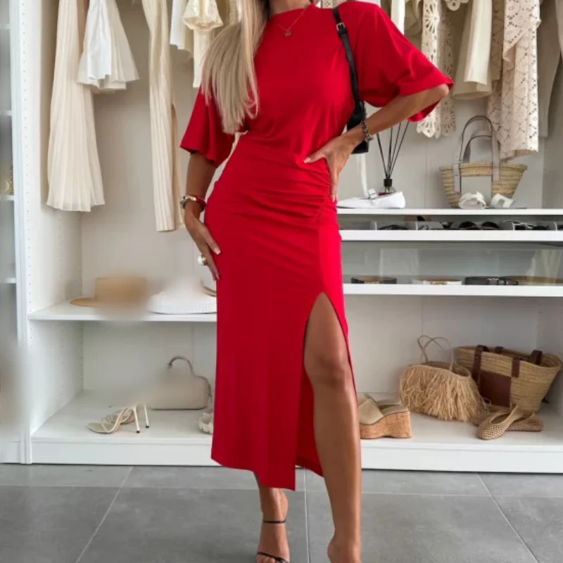 Cotton Short Sleeve Slit Midi Dress - Image 2