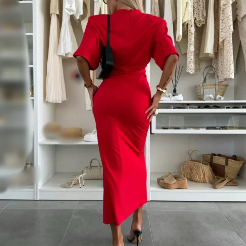 Cotton Short Sleeve Slit Midi Dress - Image 4