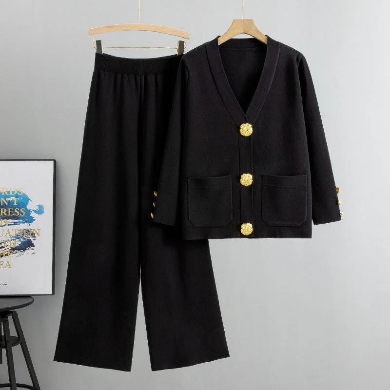 🎅Christmas Gift idea 49% Off 🖤Gold Button Soft Knit Trouser Co-Ord - Image 11
