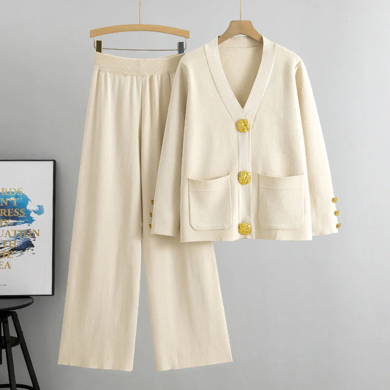 🎅Christmas Gift idea 49% Off 🖤Gold Button Soft Knit Trouser Co-Ord - Image 12