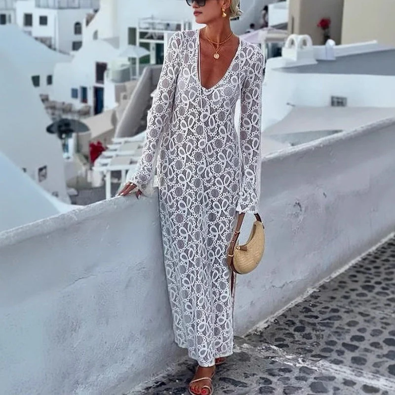 💐💐💐Elegant U-Neck Floral Lace Sheer Midi Dress - Image 2