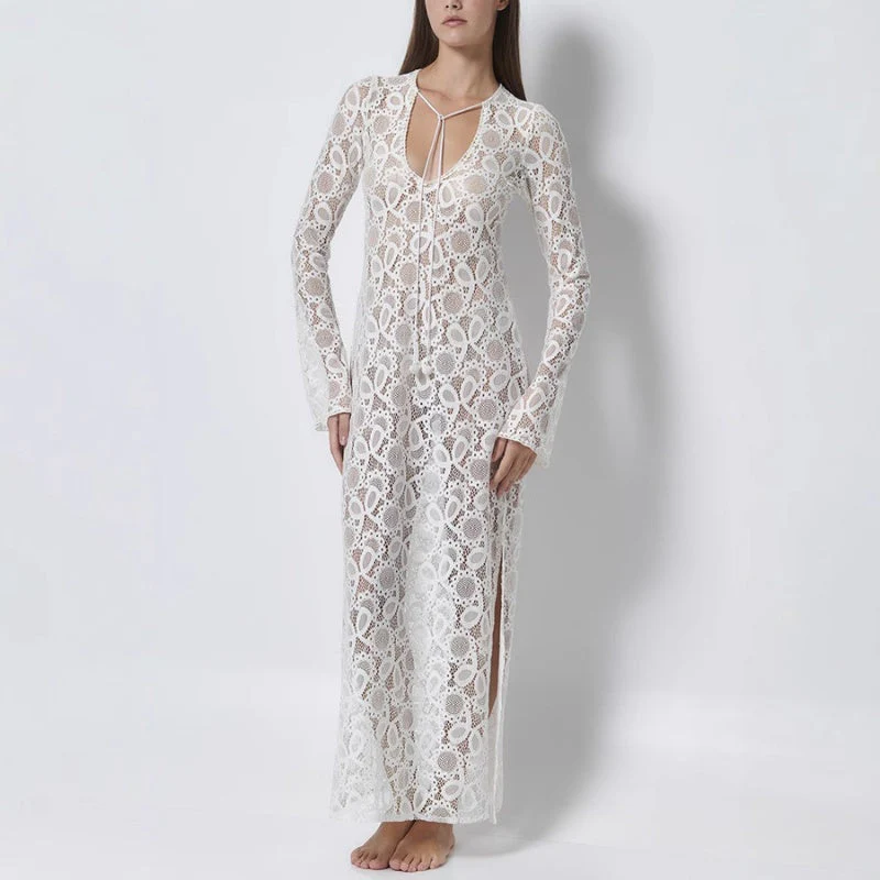 💐💐💐Elegant U-Neck Floral Lace Sheer Midi Dress - Image 3