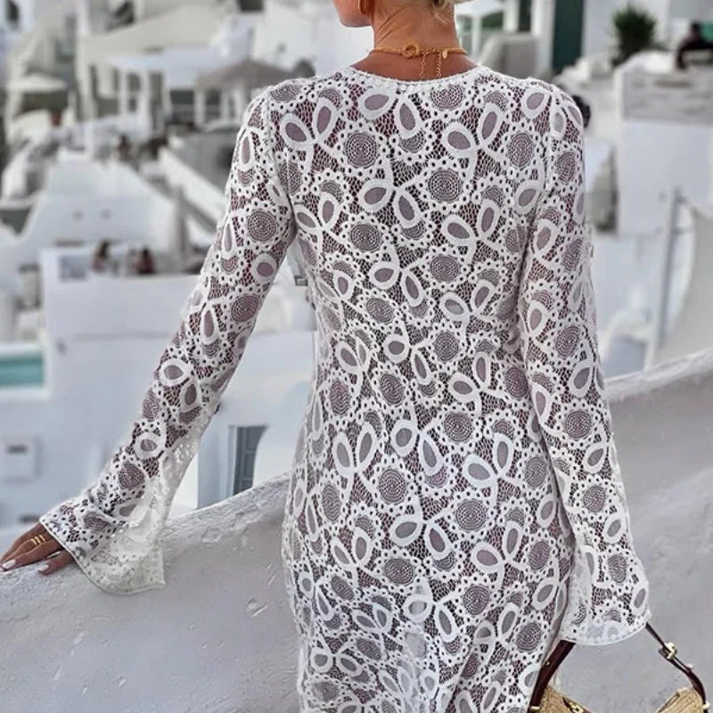 💐💐💐Elegant U-Neck Floral Lace Sheer Midi Dress - Image 5