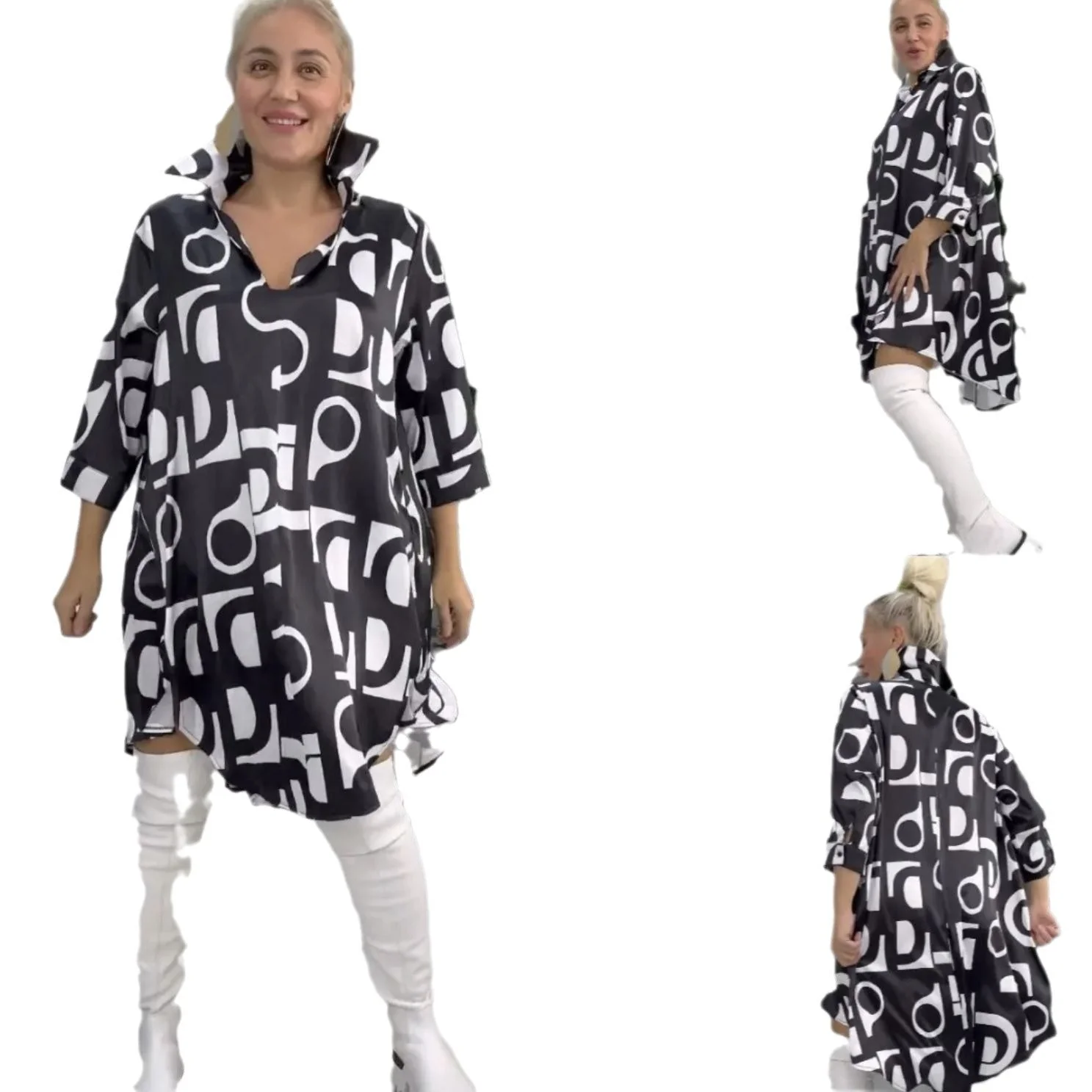 Fashion Printed V-Neck Lapel Collar Shirt Dress - Image 3