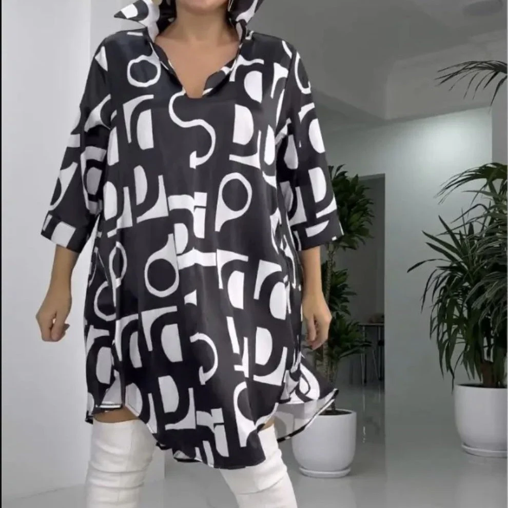 Fashion Printed V-Neck Lapel Collar Shirt Dress - Image 6