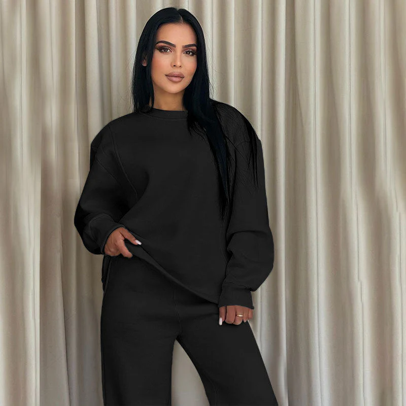 🌸Spring Specials🌸 Fashion Solid Color Loose Round Neck Long Sleeve Top & Pants (2-Piece Set) - Image 4