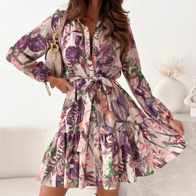 💖Hot Sale 50% OFF🌸Floral Pattern Waist-Cinching Ruffled Shirt Dress - Image 9