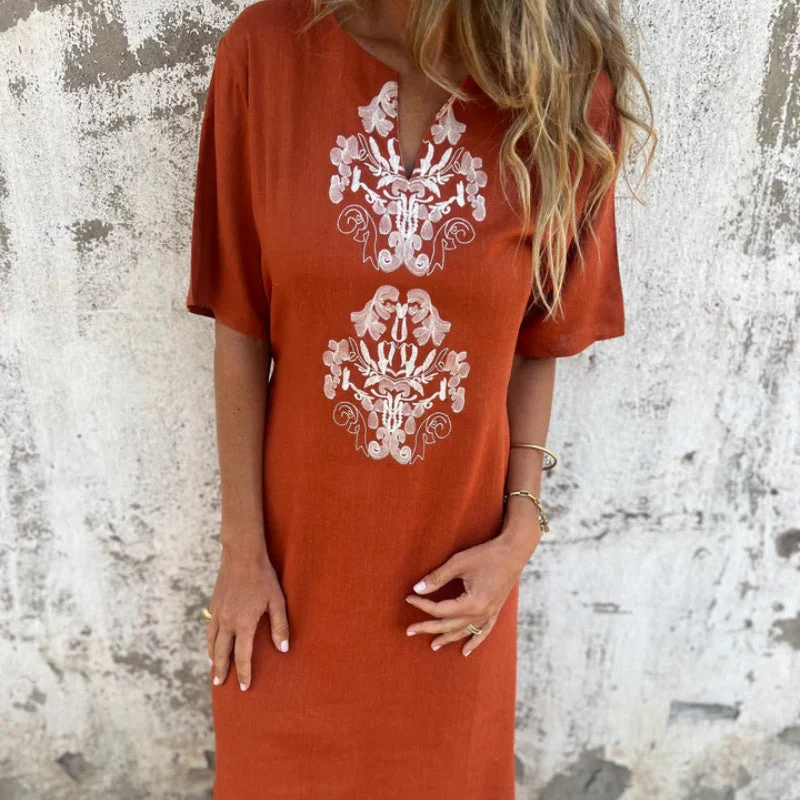 🌷✨Women's V-neck linen dress with hand embroidered neckline - Image 9