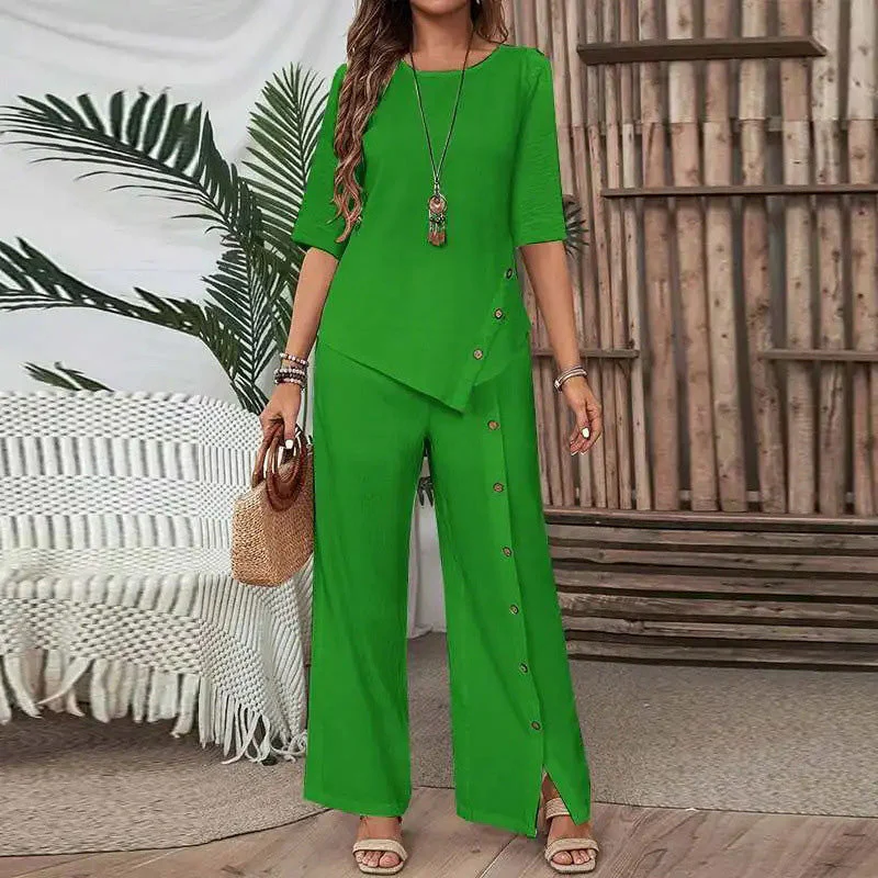 Women's Irregular Hem Top & Wide Leg Pants Two-Piece Set - Image 4
