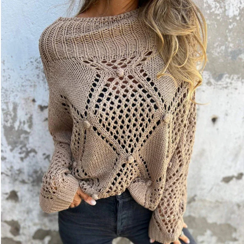 Hollow-out Knitted Round Neck Sweater - Image 2