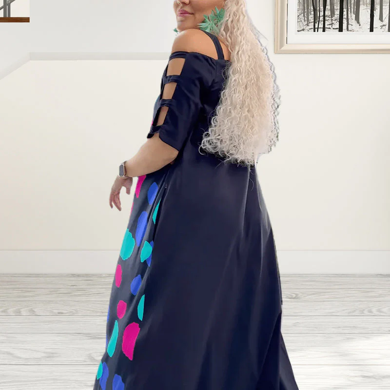 Short-sleeved printed loose dress with cold shoulder for women - Image 3