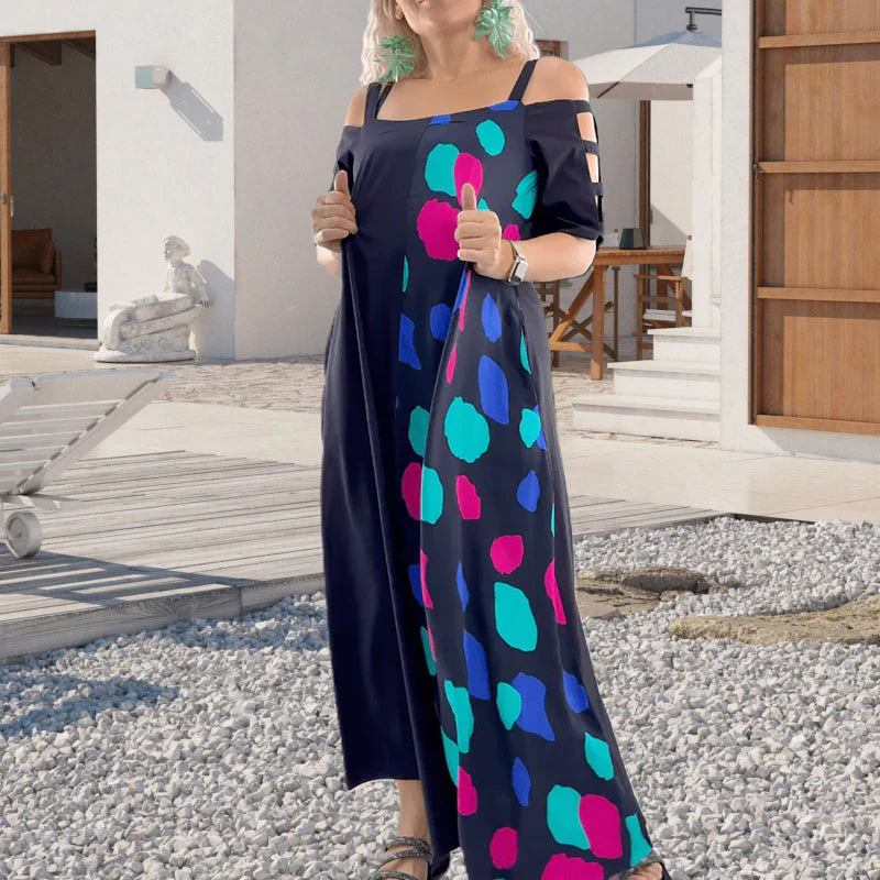 Short-sleeved printed loose dress with cold shoulder for women - Image 4