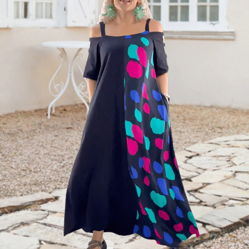 Short-sleeved printed loose dress with cold shoulder for women - Image 5