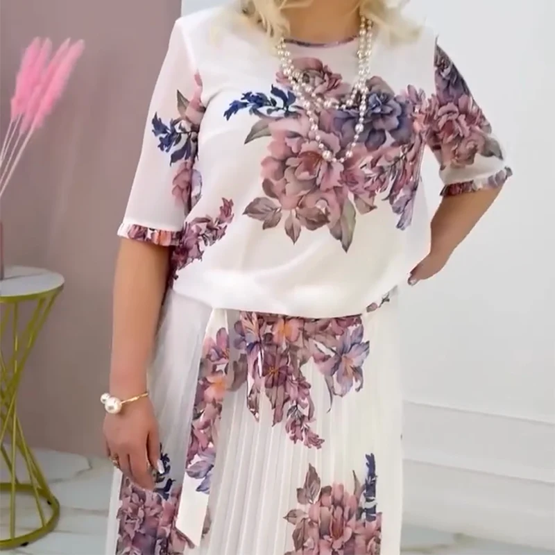 ⏰Exclusive Limited - Time Luxury Drop! Exquisite Women's Floral Print Round Neck Pleated Dress - Image 2