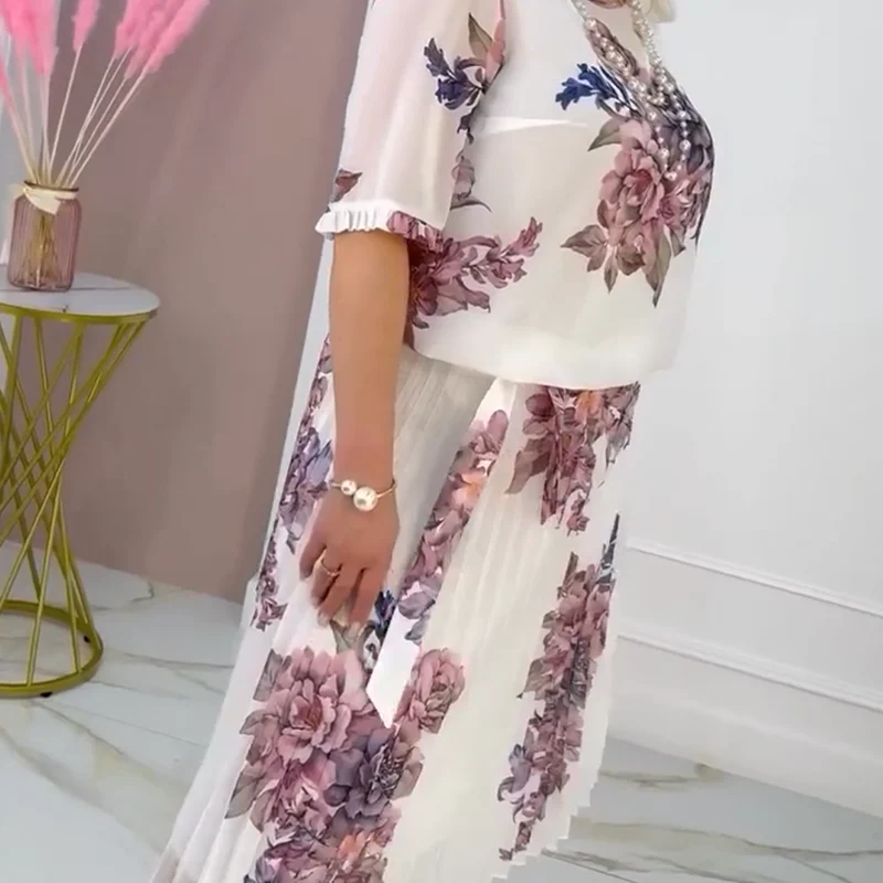 ⏰Exclusive Limited - Time Luxury Drop! Exquisite Women's Floral Print Round Neck Pleated Dress - Image 8