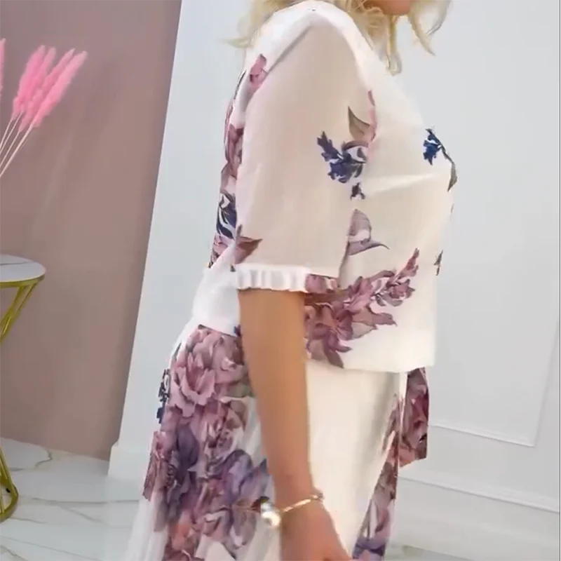 ⏰Exclusive Limited - Time Luxury Drop! Exquisite Women's Floral Print Round Neck Pleated Dress - Image 9