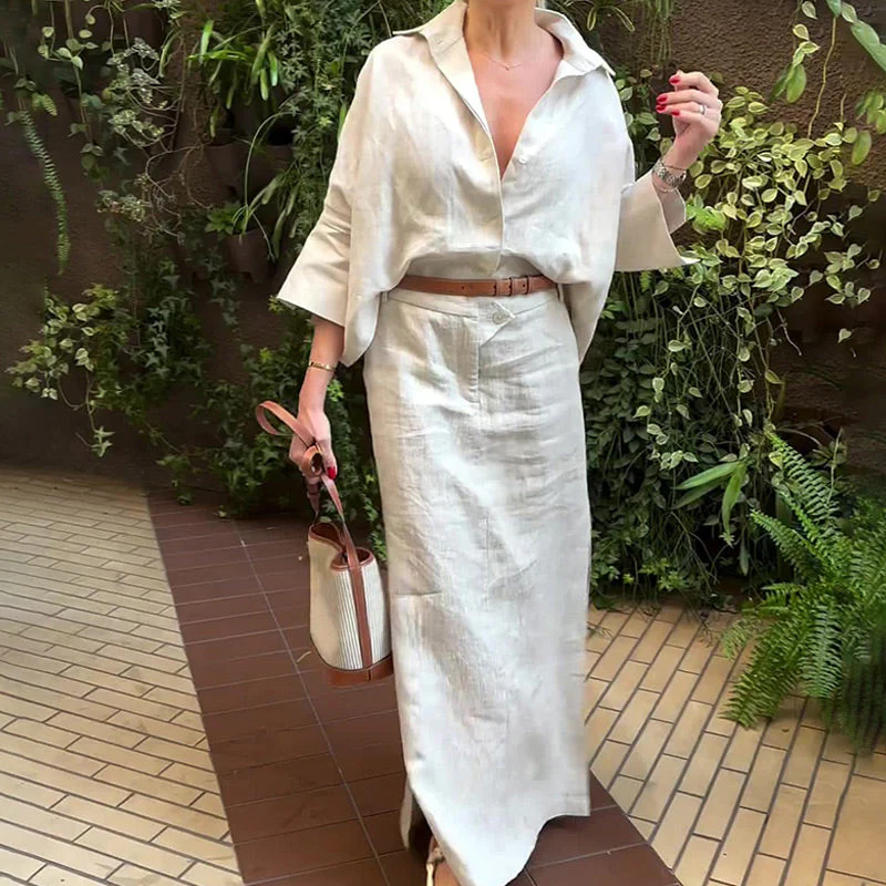 Lapel Button Down Top & Side Split Skirt Set - Image 2