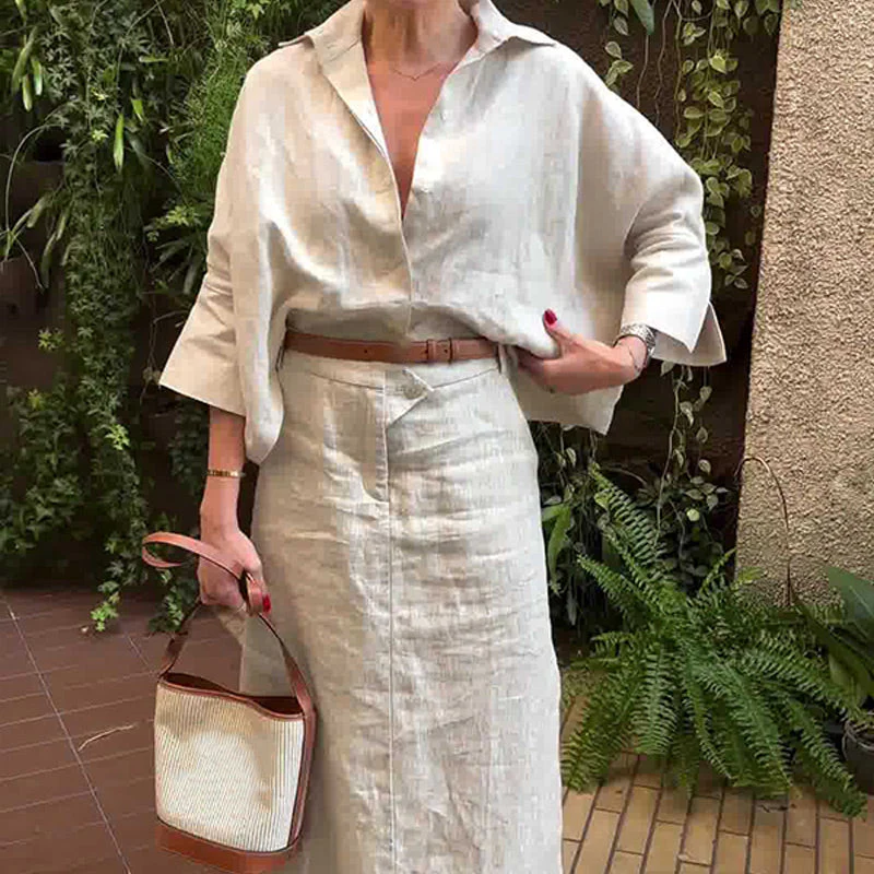 Lapel Button Down Top & Side Split Skirt Set - Image 4