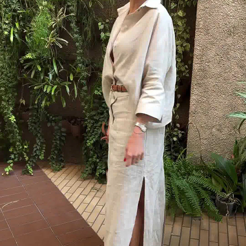 Lapel Button Down Top & Side Split Skirt Set - Image 5