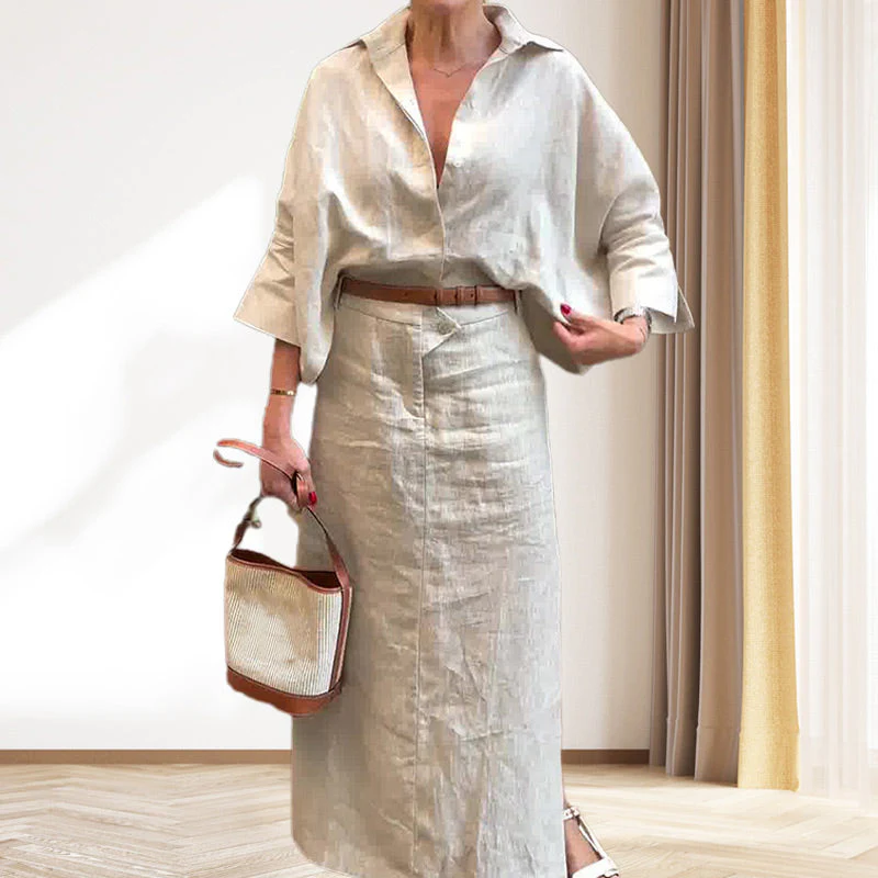 Lapel Button Down Top & Side Split Skirt Set - Image 7