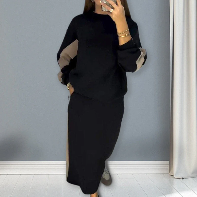 ✨New Arrival✨Loose Colorblocking Long Sleeve Top & Split Skirt Set - Image 3