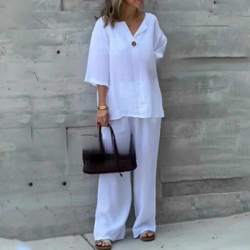 Loose Fit Short Sleeve Top & Wide Leg Pants Set - Image 8