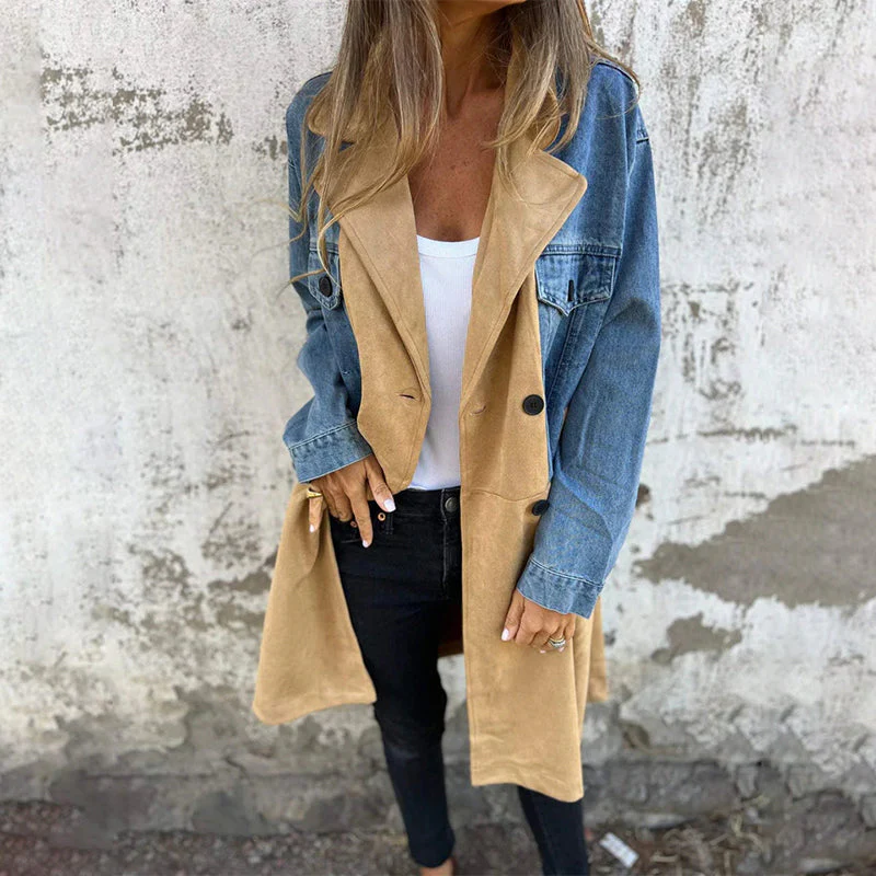 🍁New for autumn✨Mid-Length Trench Coat with Denim Jean Stitching - Image 3