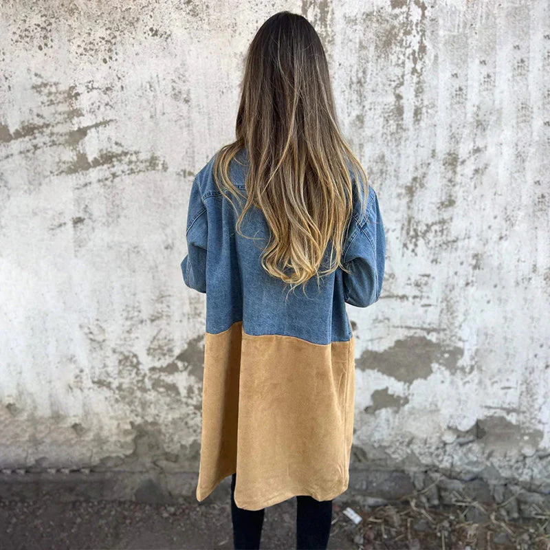 🍁New for autumn✨Mid-Length Trench Coat with Denim Jean Stitching - Image 4