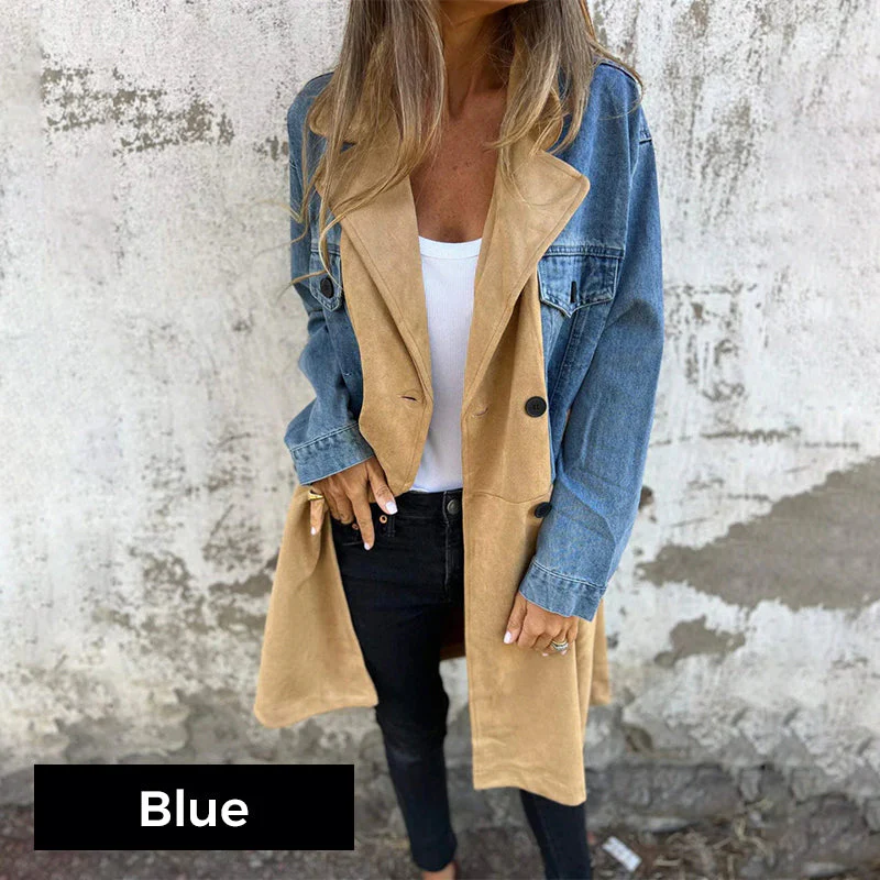 🍁New for autumn✨Mid-Length Trench Coat with Denim Jean Stitching - Image 9