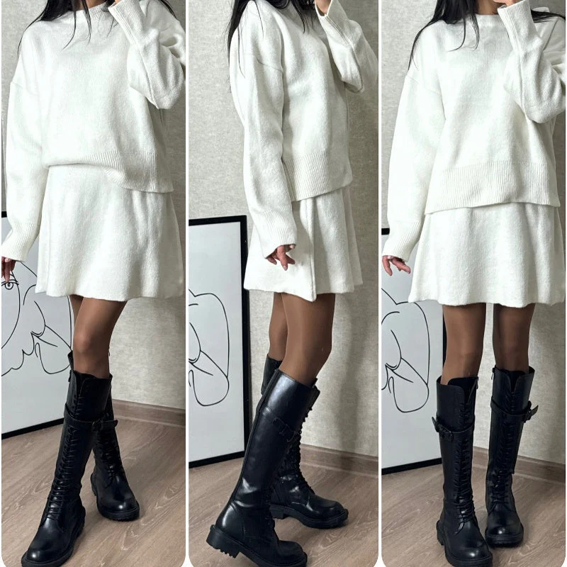 🍁2024 Autumn New Solid Color Casual College Style Knit Dress Set 👗🍂2-Piece Sweater Set: Long-Sleeve Top & Mini Skirt - Image 3