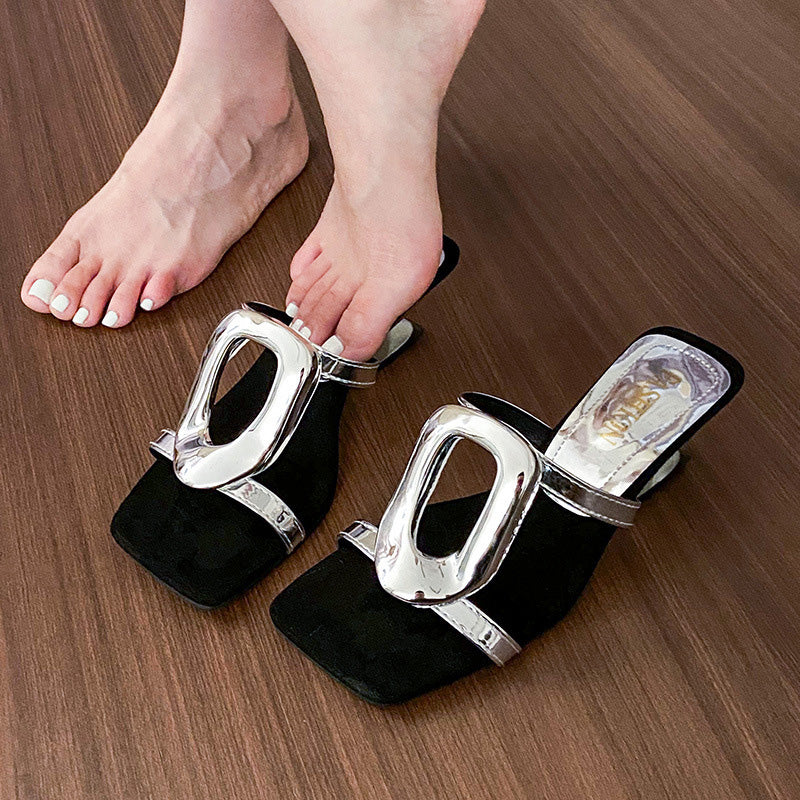 Retro Square Toe Cutout High Heel Sandals - Image 4