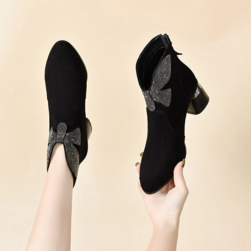 🔥New Year Specials🔥Shiny Bowknot Pointed Toe Chunky Ankle Boots - Image 5