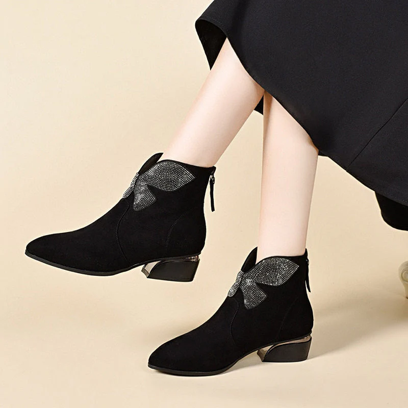 🔥New Year Specials🔥Shiny Bowknot Pointed Toe Chunky Ankle Boots - Image 7