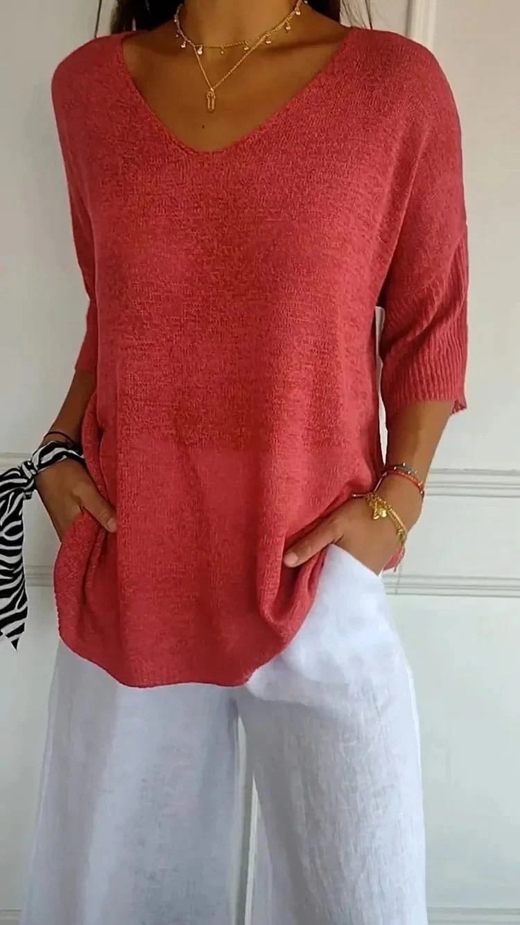 💖LAST DAY SALE 50% OFF🥰Solid Color Knitted V-neck Top - Image 2