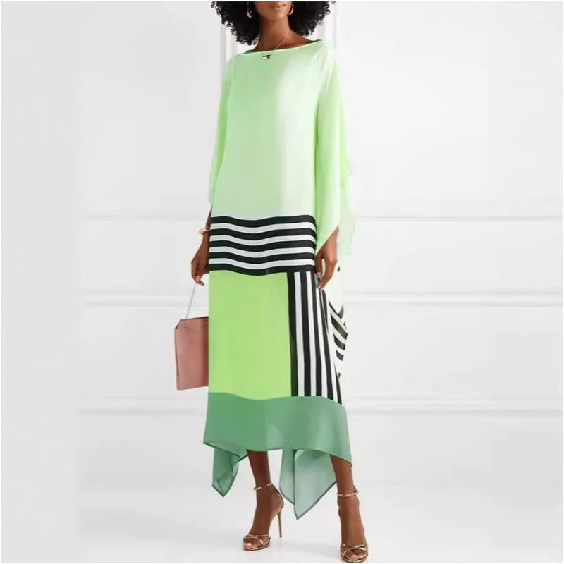 Women's Striped Off-Shoulder Long Dress with Irregular Hem - Image 3