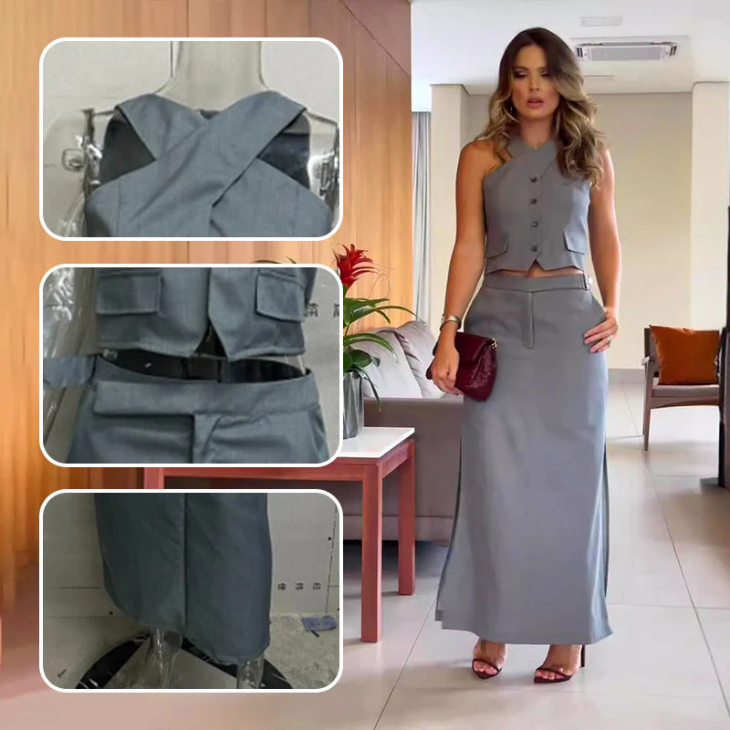 Summer Retro Sleeveless Long Skirt Two Piece Set - Image 6