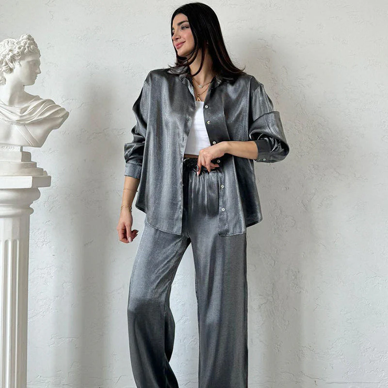 Trendy 2 Piece Outfits Shiny Shirt and High Waist Wide Leg Pants - Image 10