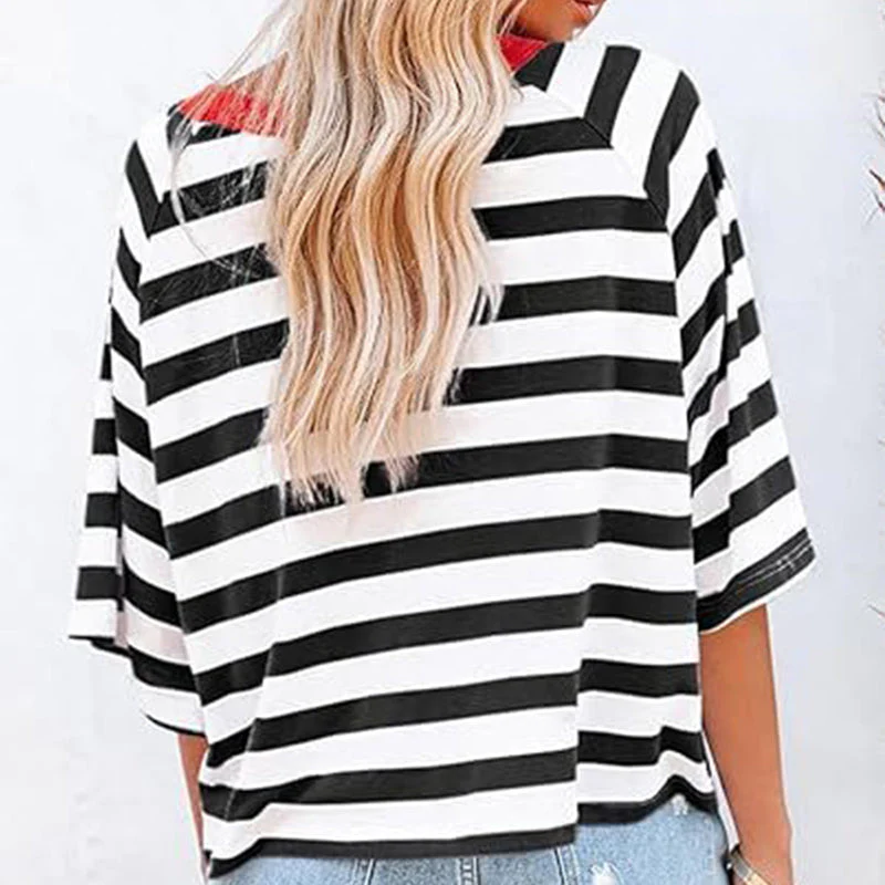 Women's Round Neck Striped Short Sleeve Casual Top - Image 2