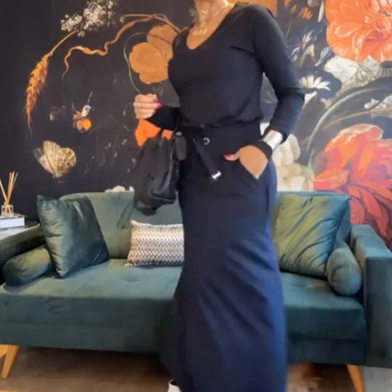 Zweiteiliges Set für Damen in Uni-Farbe: Oberteil mit V-Ausschnitt und langen Ärmeln & Rock - Image 6